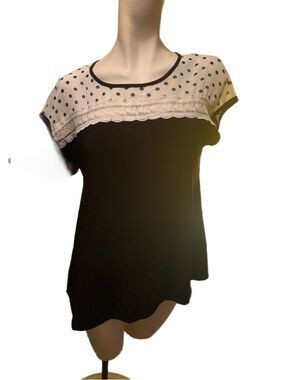 Faith and Joy Black Top with Cream Polka Dot Yoke and Lace Trim